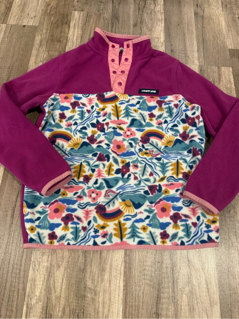 Lands' End Girls' Magenta Fleece Pullover with Floral Rainbow Panel